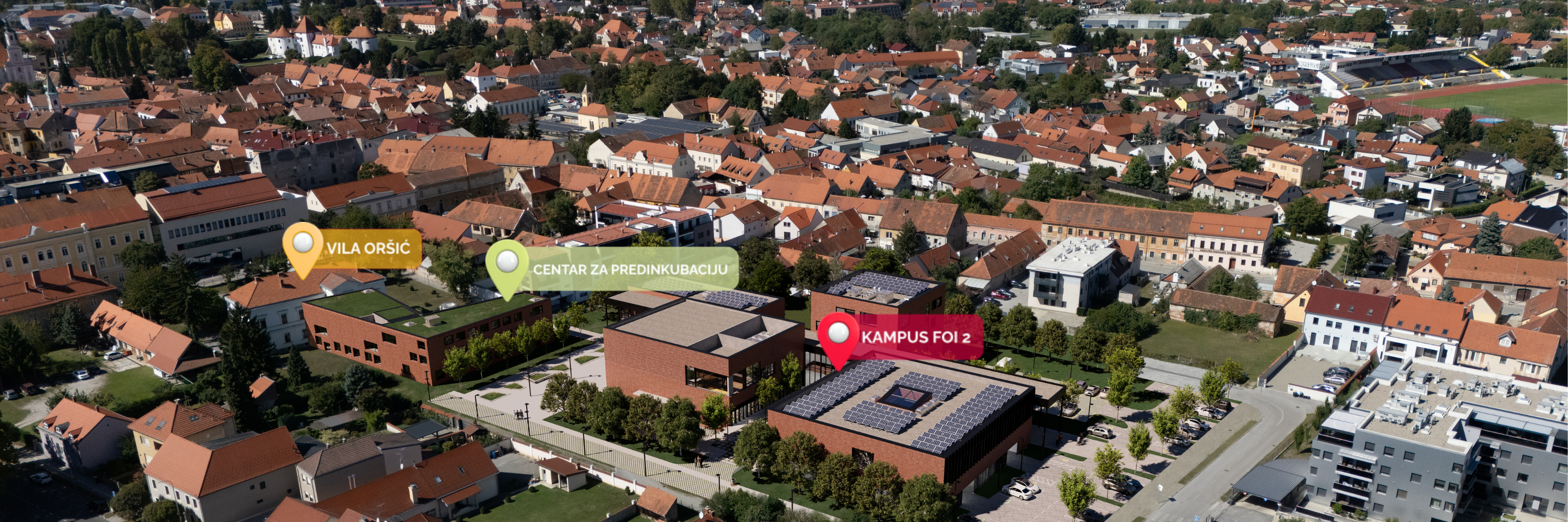Zračni pogled na Varaždin s označenim lokacijama: Vila Oršić, Centar za predinkubaciju i Kampus FOI 2